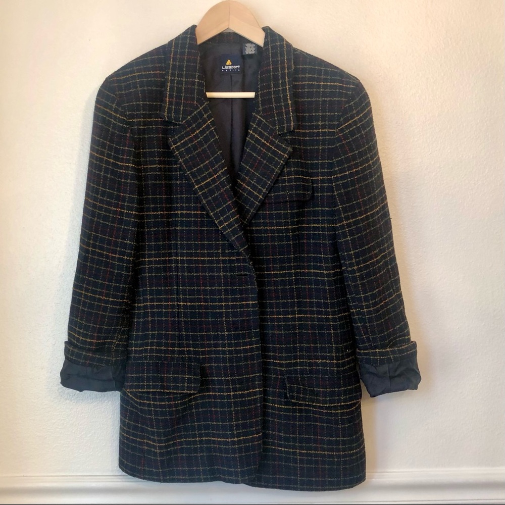LIZ SPORT | Vintage Wool Navy Check Blazer 10P